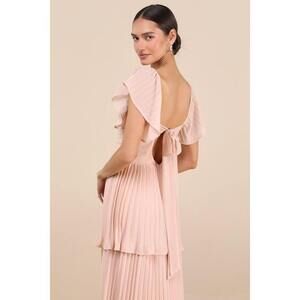 Lulus Notorious Charm Blush Pleated Flutter Sleeve Maxi Dress Pink - Size L